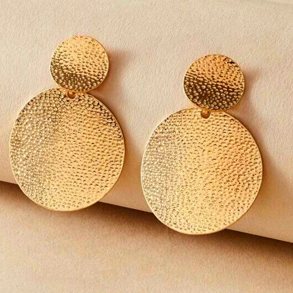 Boutique Jewelry - Gold Round Earrings Hammered Gold Big Boho Earrings Dangle Large Earrings